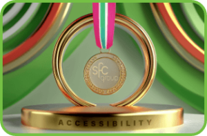trophy with the word "accessibility" on it and a medal with the SFC logo over it