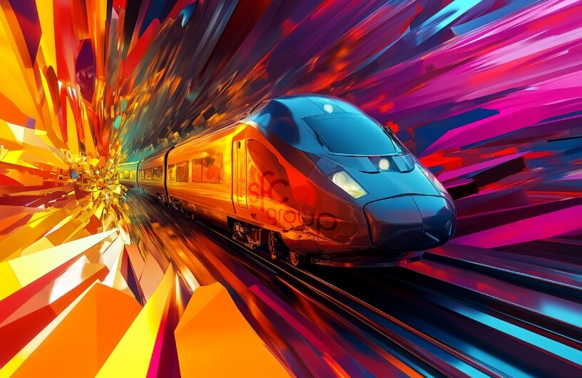 Futuristic high-speed train moving through a vibrant, abstract tunnel of colorful geometric shapes