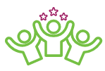 An icon showing three stylized figures with their arms raised in celebration, with the center figure being slightly taller and having two magenta outline stars floating above their head