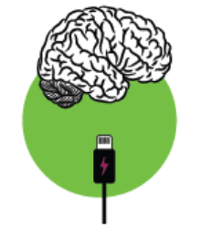 Detailed brain connected by black cable with pink lightning bolt plug, on green circle.