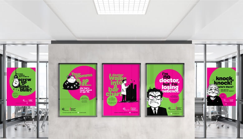 Five framed posters from SFC Group healthcare marketing campaign displayed side-by-side on a modern office wall with large windows and conference room visible in the background. Each poster features bold pink and lime green colors with humorous black-and-white cartoon illustrations and puns