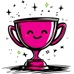 A cute, cartoon-style pink trophy cup with two handles, smiling happily with closed curved eyes and a wide cheerful mouth. The trophy has a shiny silver rim and base, outlined in white for contrast, set against a solid black background. Small sparkling green gem-like stars and tiny white plus signs float around it, giving a celebratory, magical, and playful vibe.